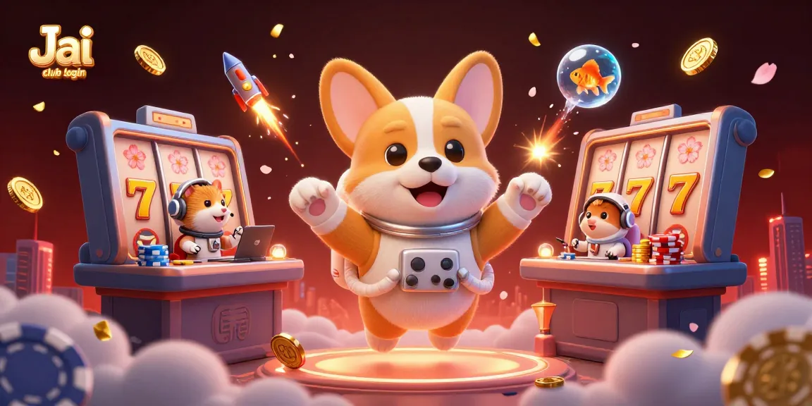 Engage in thrilling casino fun with Jai club login, featuring floating games and vibrant characters.