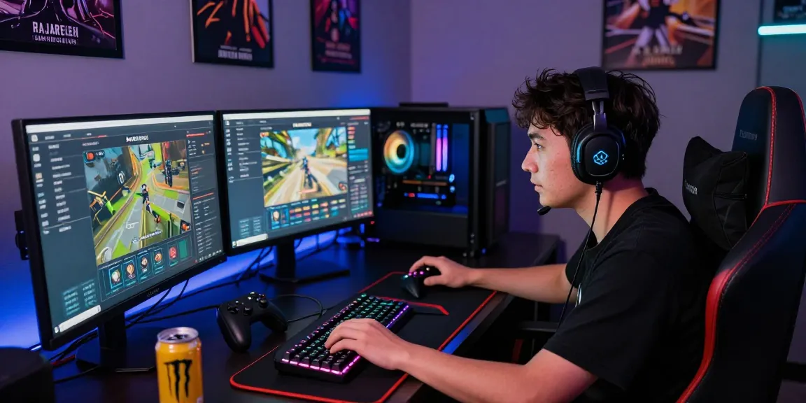 Pengguna rajareceh memainkan game dengan fokus di ruang gaming modern.
