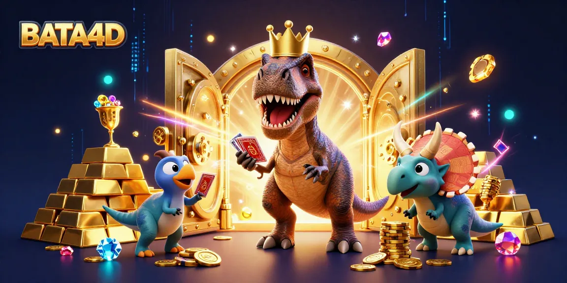 BATA4D showcases a friendly T-Rex shuffling cards with signature gold elements in a vibrant casino scene.