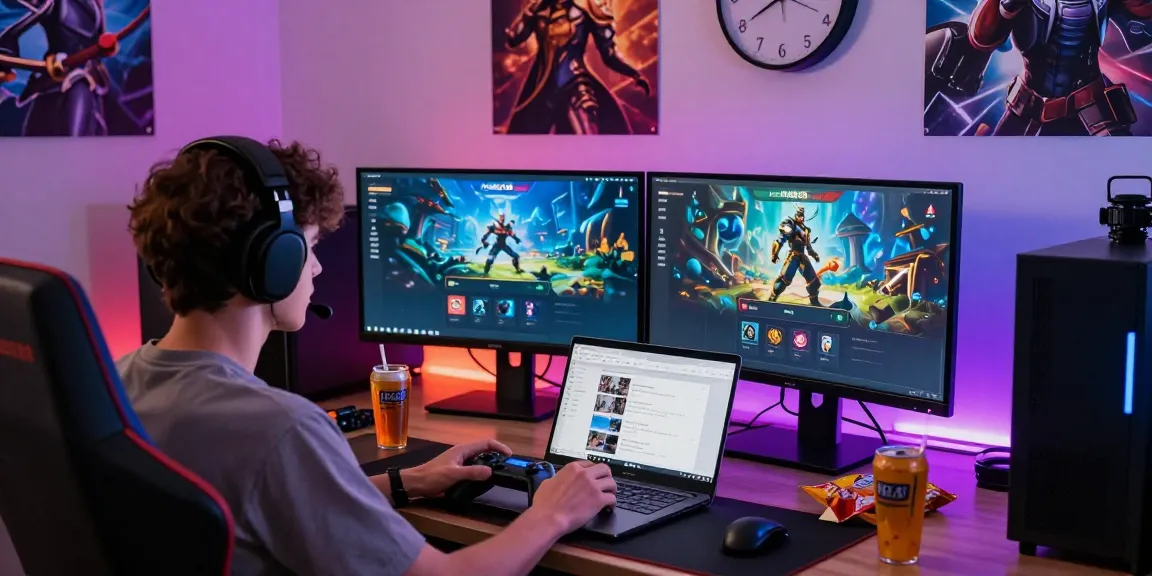 Experience seamless hero138 login with an engaging gaming setup, dual monitors, and vibrant atmosphere.