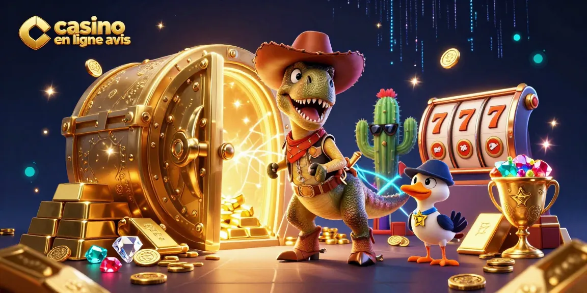 Profitez d'un casino en ligne avis illustré avec un dinosaure T-Rex et des symboles de jeu, dans une scène dynamique et colorée.