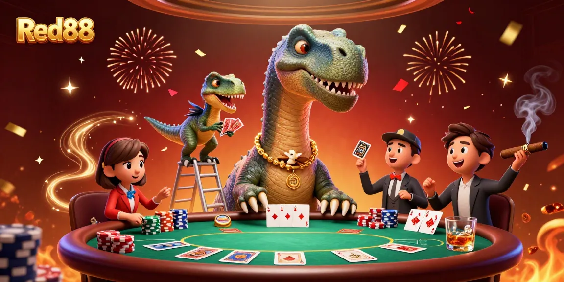 Experience thrilling moments at Red88 with a vibrant 3D casino scene showcasing a dinosaur and clever raptor dealers.