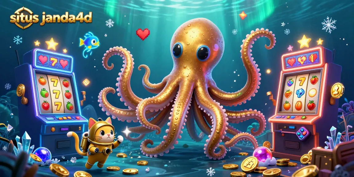 Ilustrasi situs janda4d menampilkan kraken raksasa dengan tentakel emas dan mesin slot di lautan bertabur harta.