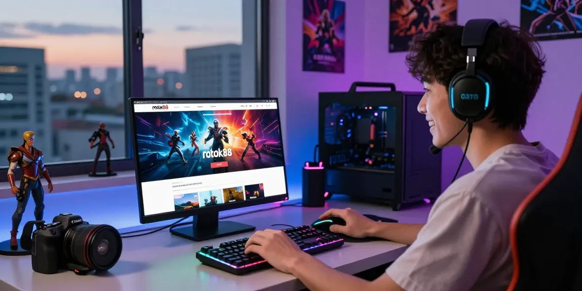 rokok88 login displayed on a laptop in a stylish gaming room with vibrant colors and accessories