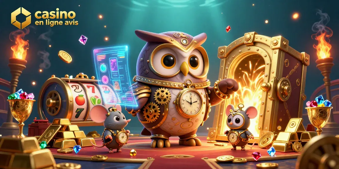 Illustration captivante sur les jeux de casino en ligne avis, présentant une chouette steampunk et une souris avec trésors scintillants.