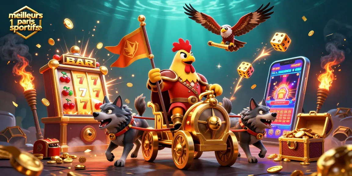 Visualisez les meilleurs sites de paris sportifs avec un coq guerrier et des éléments de jeux de casino animés.