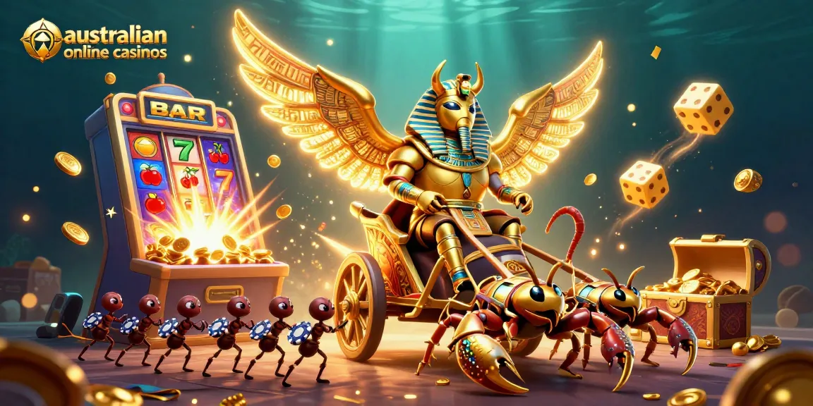 Experience the thrill of australian online casinos with a vibrant, festive scene involving a colossal scarab and gameplay symbols.