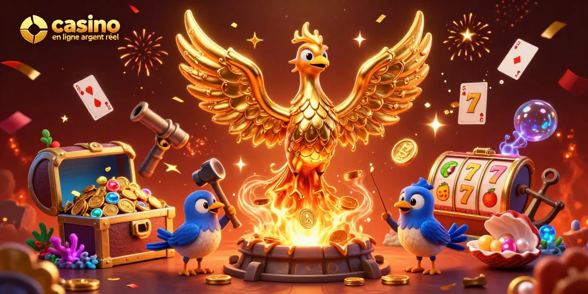 Jouez au casino en ligne argent réel avec des personnages illustrés en 3D entourés de trésors et de jeux.