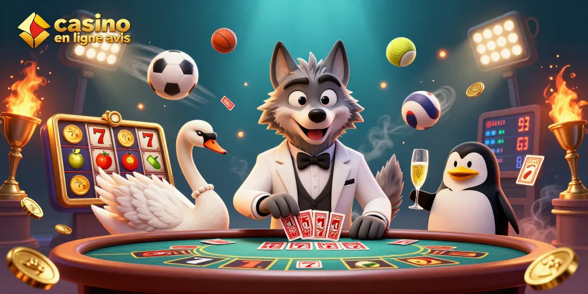 Image représentant un casino en ligne avis, avec un loup élégant jouant aux cartes à une table de baccarat.
