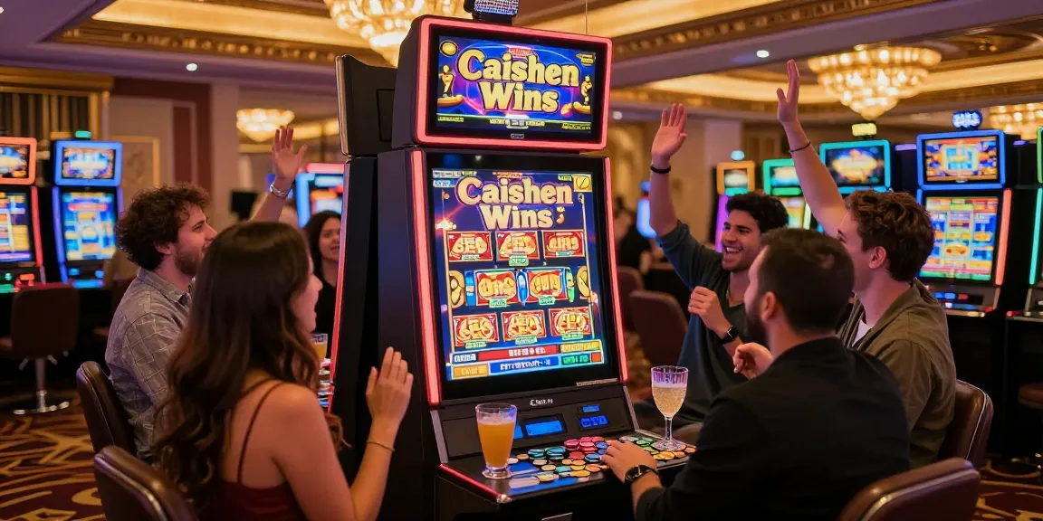Group celebrating a win at a casino slot machine reading 'Caishen Wins,' capturing the thrill of gaming.
