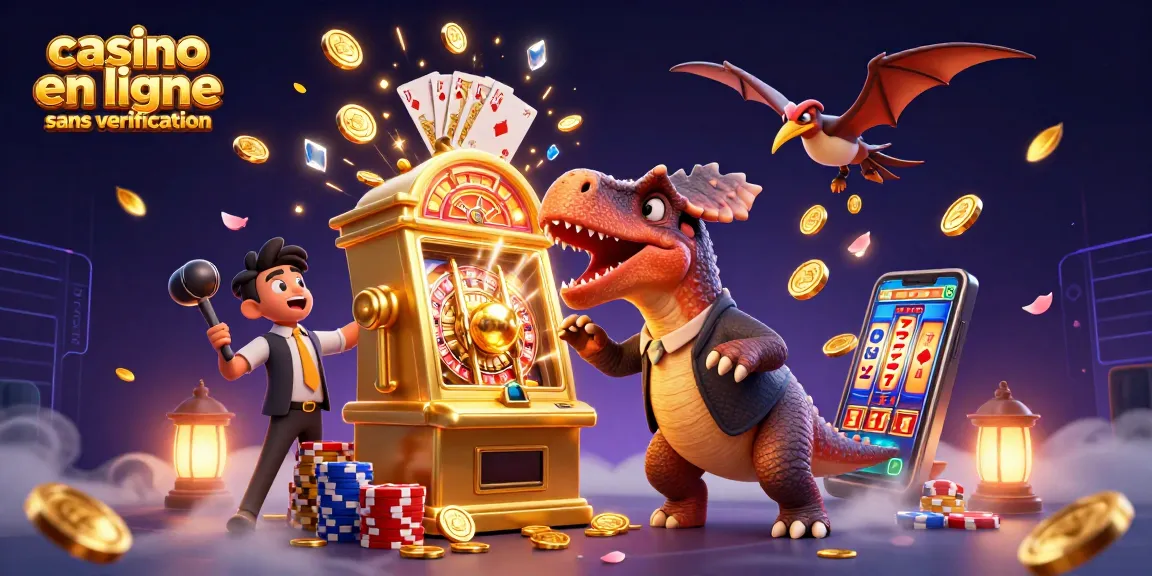 Jackpot à un casino en ligne sans vérification avec des personnages dinosaure et des pièces d'or volantes
