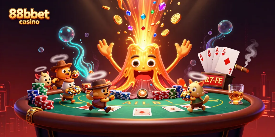 Experience the thrill of 88bbet casino with a golden volcano erupting treasures amidst a vibrant poker scene.