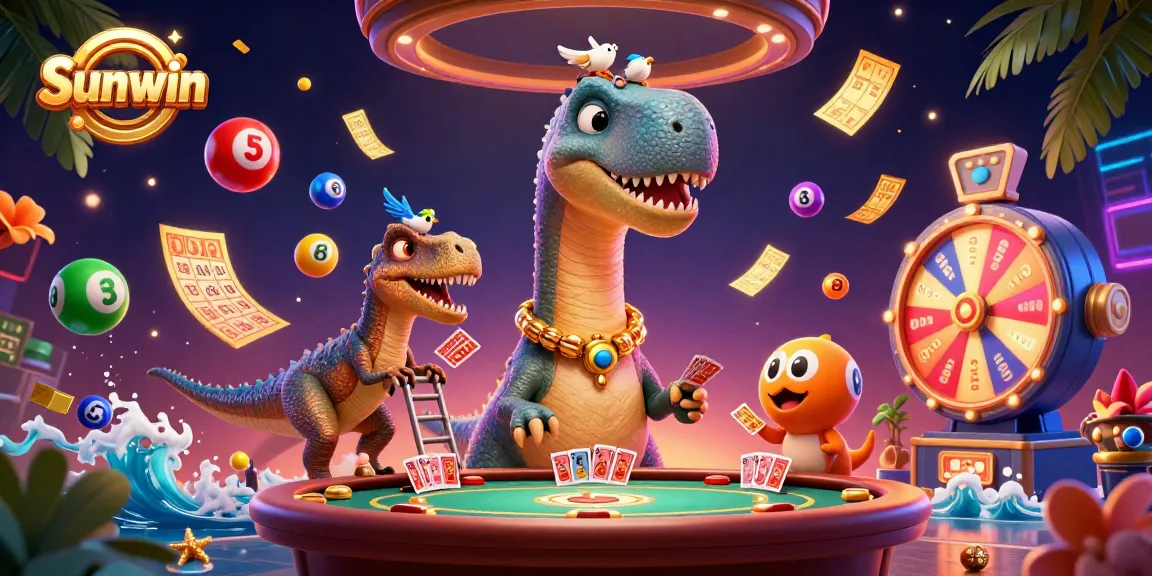 Experience thrilling action at Sunwin casino, featuring a vibrant 3D dinosaur illustration.