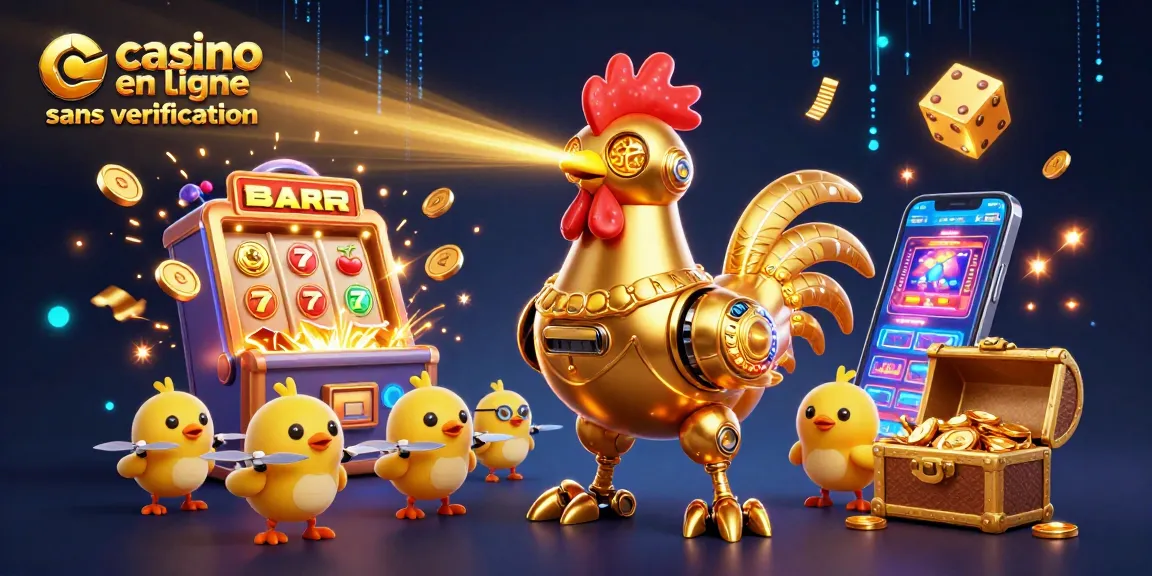 Illustration dynamique d'un robot coq doré en casino en ligne sans vérification, entouré de drones poussins et machines à sous explosant.