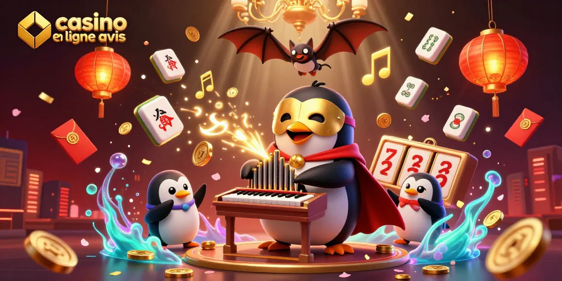 Vue dynamique de casino en ligne avis, avec un pingouin jouant de l'orgue entouré d'éléments de jeu.