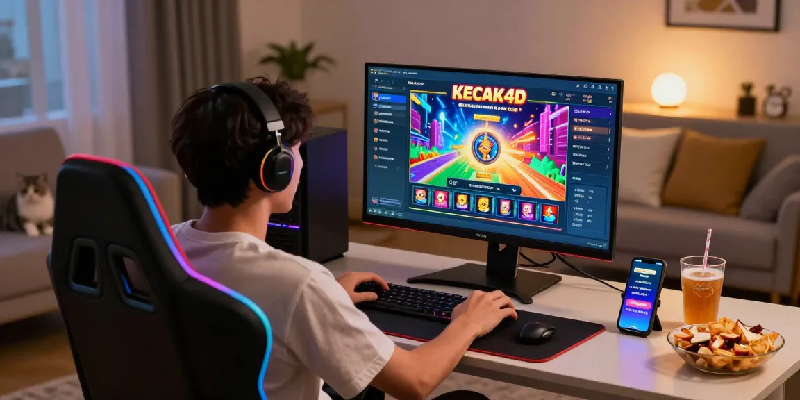 Exciting online gaming experience with a player immersed in the kecak4d slot game, vibrant graphics, and a modern gaming setup.