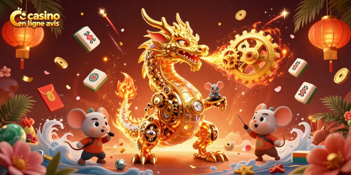 Casino en ligne avis : Animation lumineuse d'un dragon doré avec des éléments de jeu captivants.