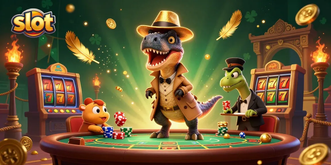 Menggulung slot beruntung dengan dinosaur dalam skenario kasino virtual dan karakter mencuri chip.