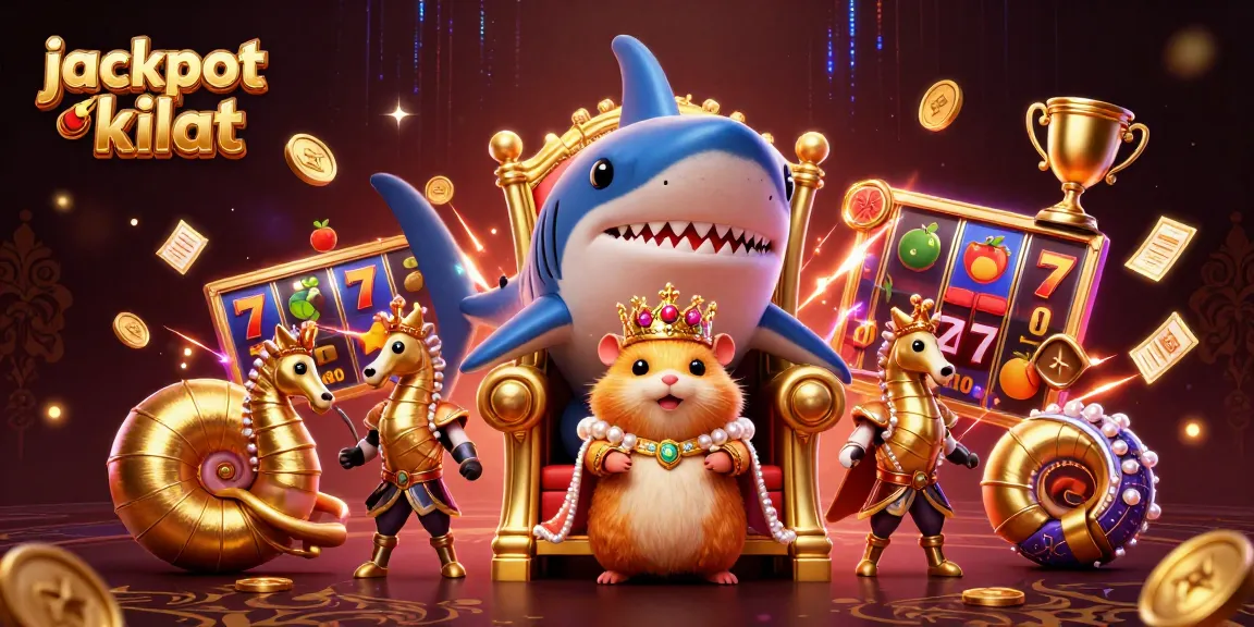 Experience exciting wins with jackpot kilat featuring a hamster king throne, slot elements, and vibrant casino graphics.