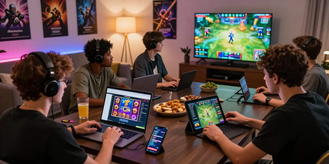 Playbook88 gaming session with friends accessing vibrant online slots from laptops and smartphones in cozy living room