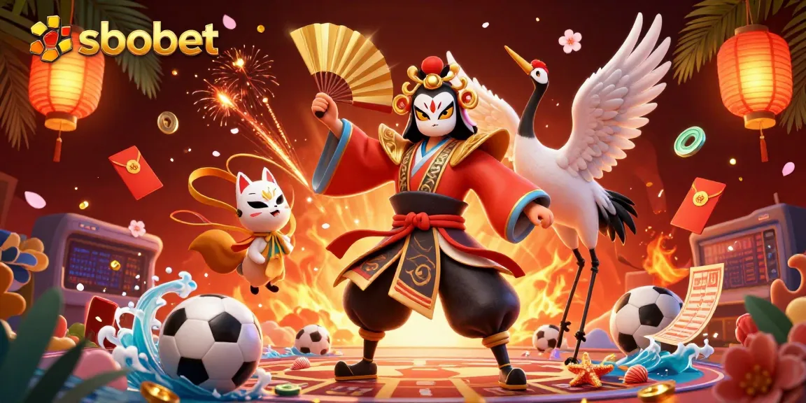 Bet on sbobet with a dynamic sports betting scene featuring kabuki warriors and festival elements.