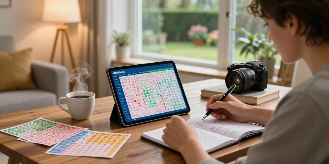 Analisis nomor rejeki di ruang tamu yang nyaman dengan tiket lotere berwarna, tablet, dan catatan di meja.