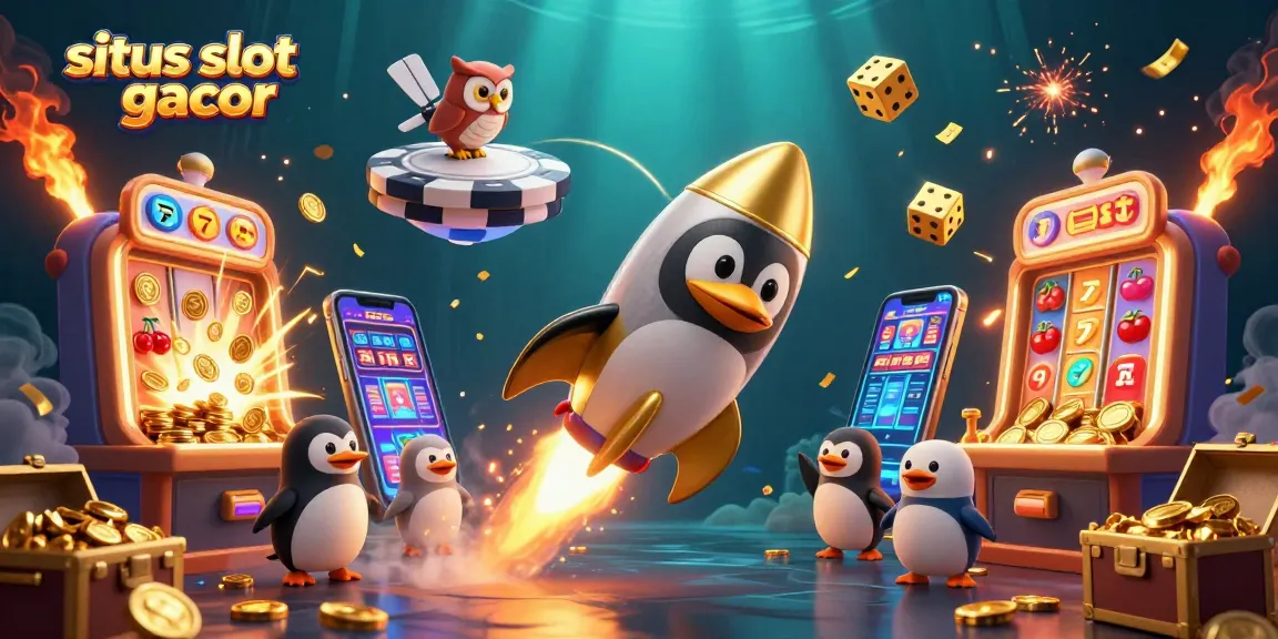 Experience thrilling wins with situs slot gacor, featuring a dynamic penguin and vibrant casino elements.