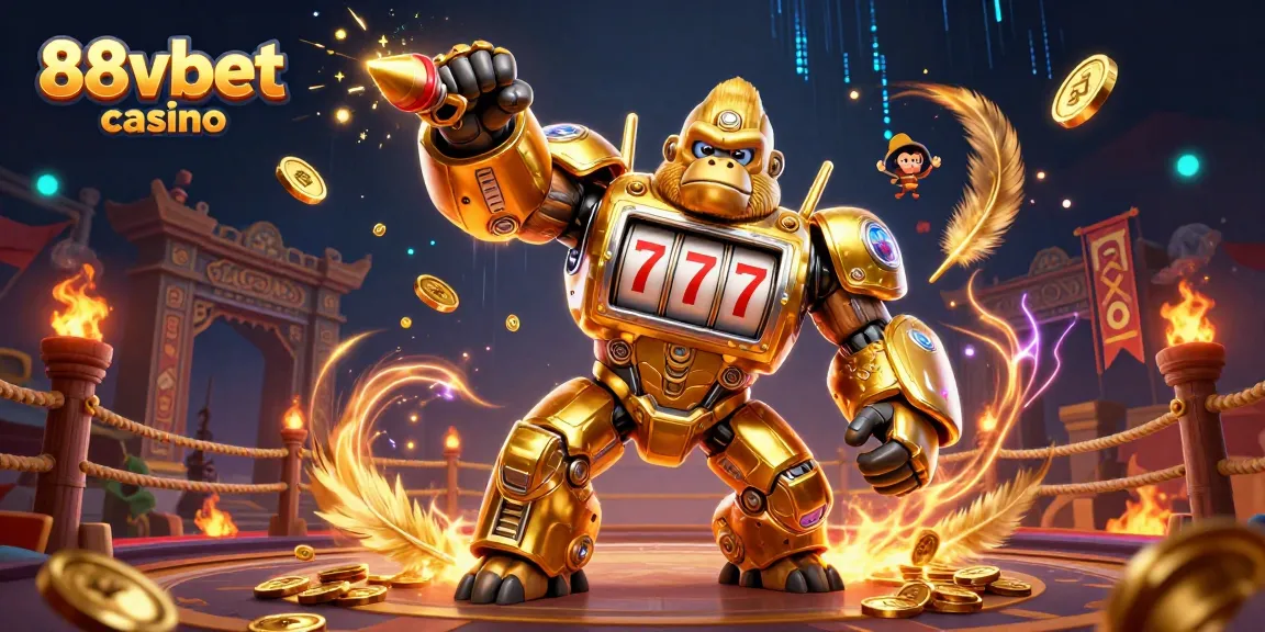 Experience the excitement of 88vbet casino in a dynamic 3D scene with a mech gorilla and game elements.