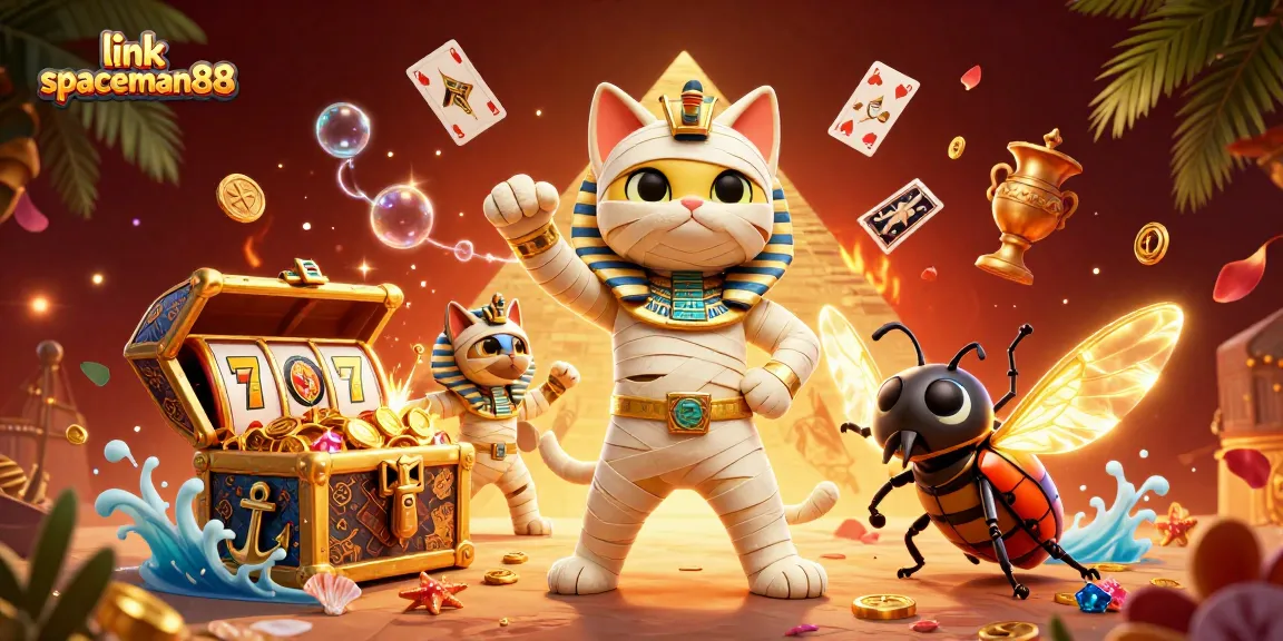 Experience exhilarating wins at link spaceman88 where a cartoon Egyptian mummy cat and glowing beetle spark thrilling gameplay.